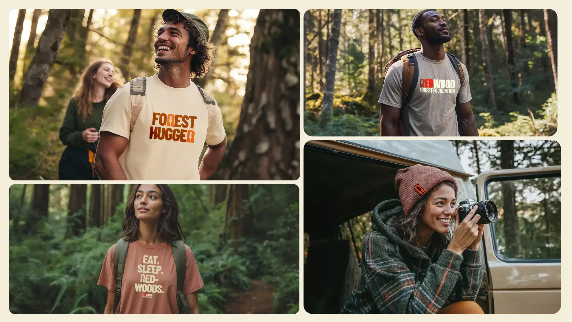 Hikers in the redwoods wearing Forest Hugger and Eat. Sleep. Redwoods. shirts