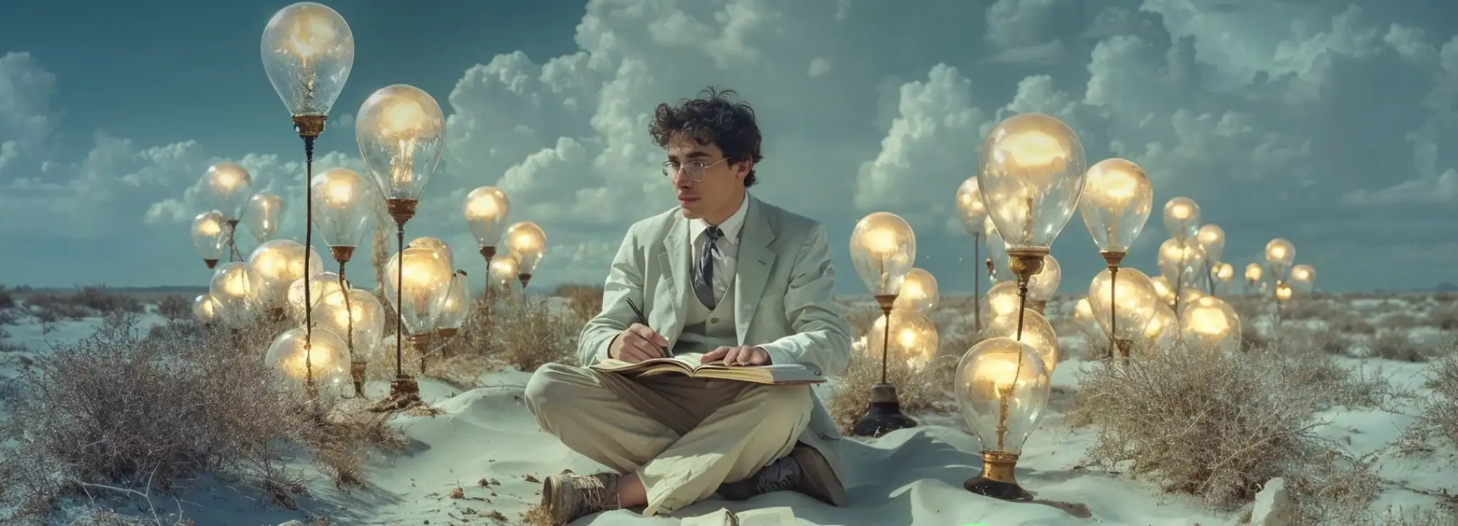 Surreal image: a young man in a light suit sits writing in a desert field of glowing, oversized lightbulbs under a cloudy sky