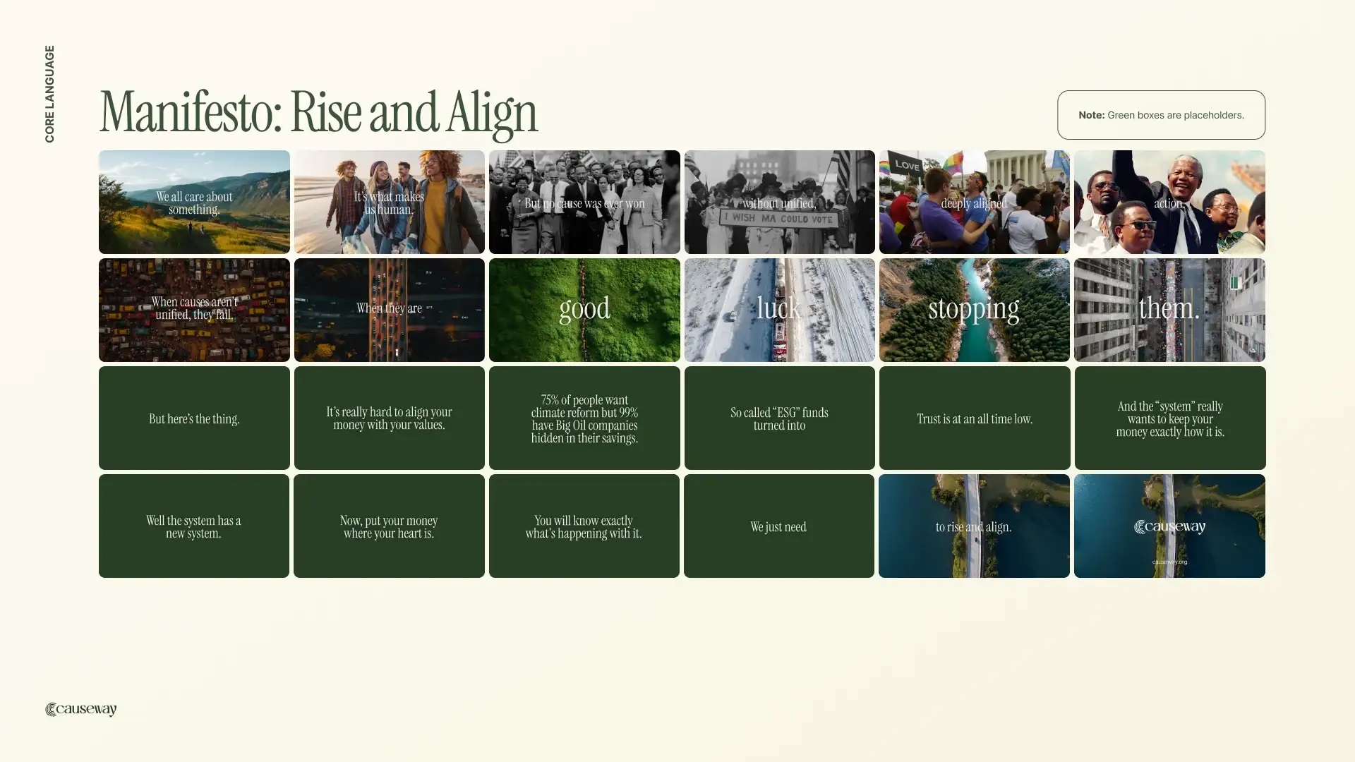 Manifesto storyboard titled Rise and Align: a grid of frames with archive protest photos, aerial landscapes and lines of text on dark green