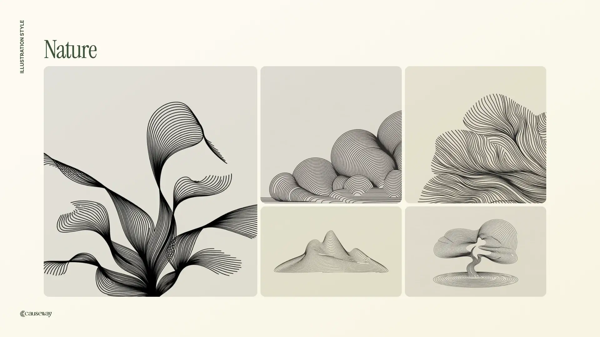 Brand illustration board titled Nature: a plant, clouds, mountains and a tree in the same line style