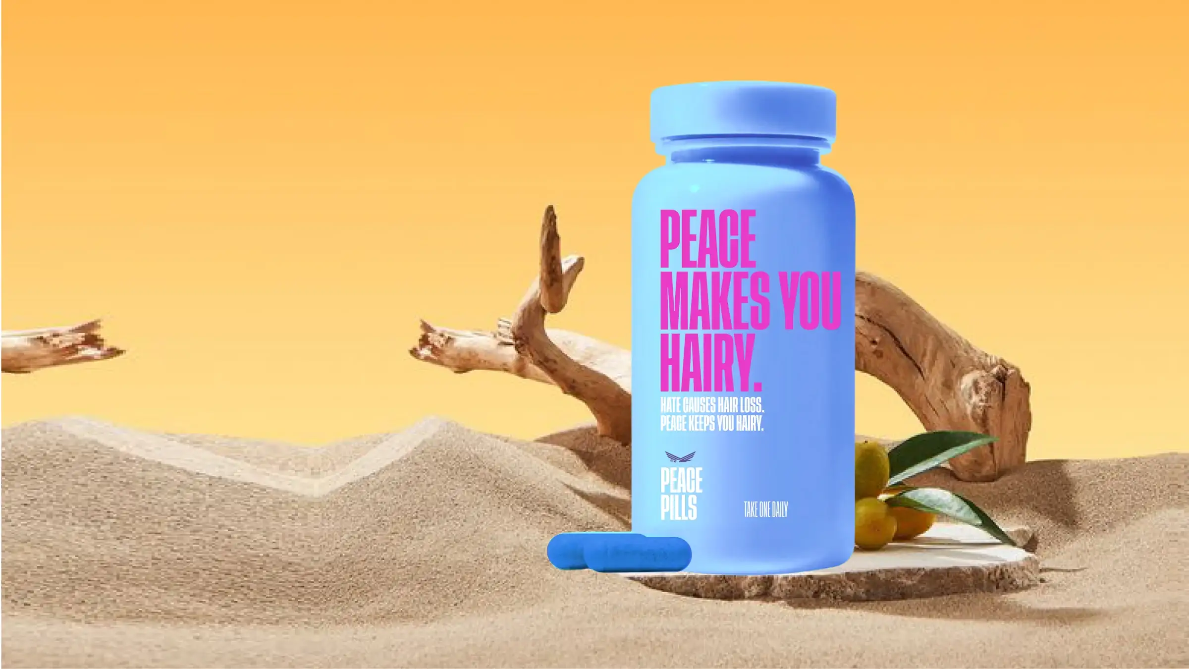 Blue Peace Pills bottle, 'Peace makes you hairy', on sand against an orange sky
