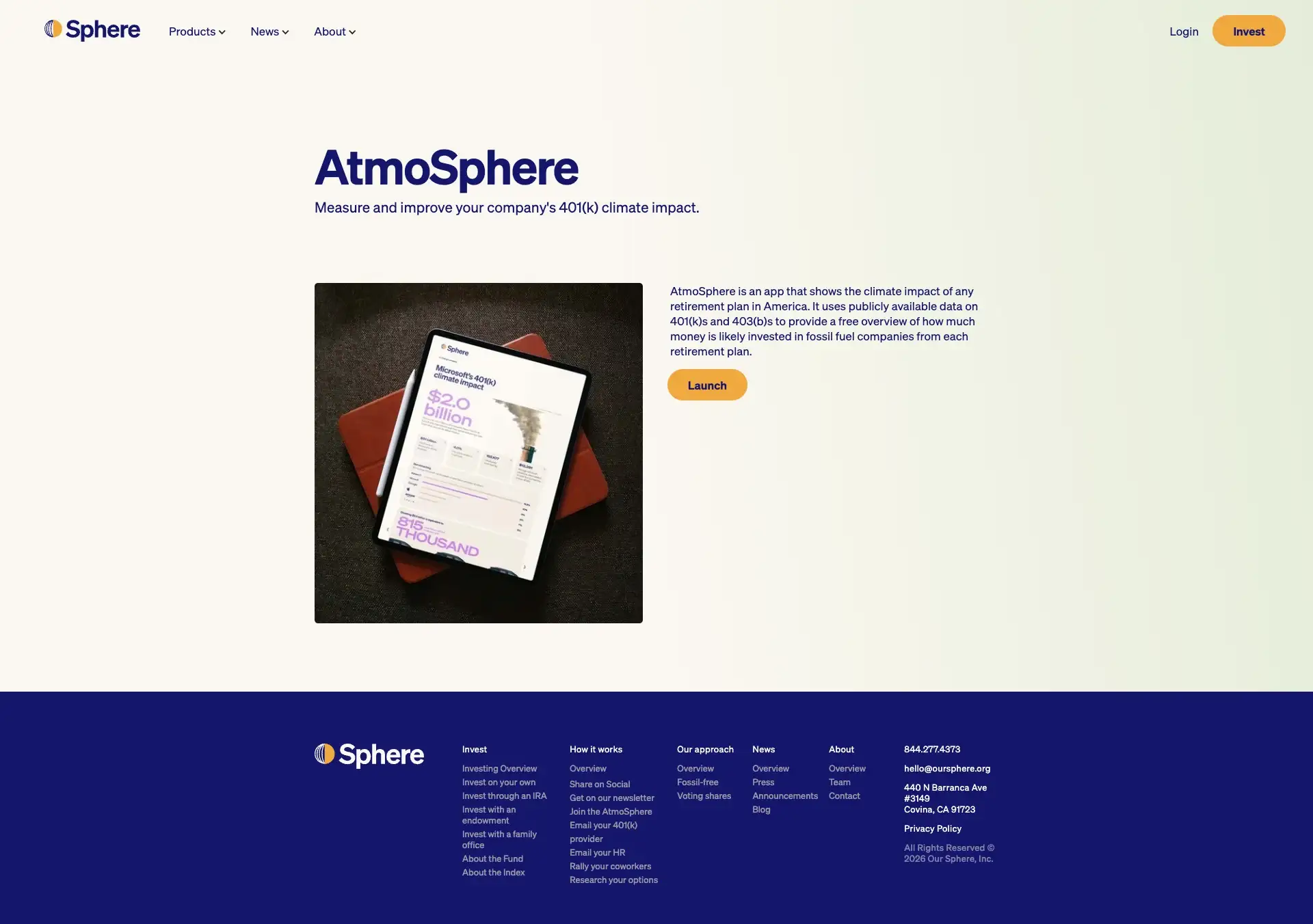 The AtmoSphere page on Sphere’s website, with a tablet showing a 401(k) climate report and a navy footer