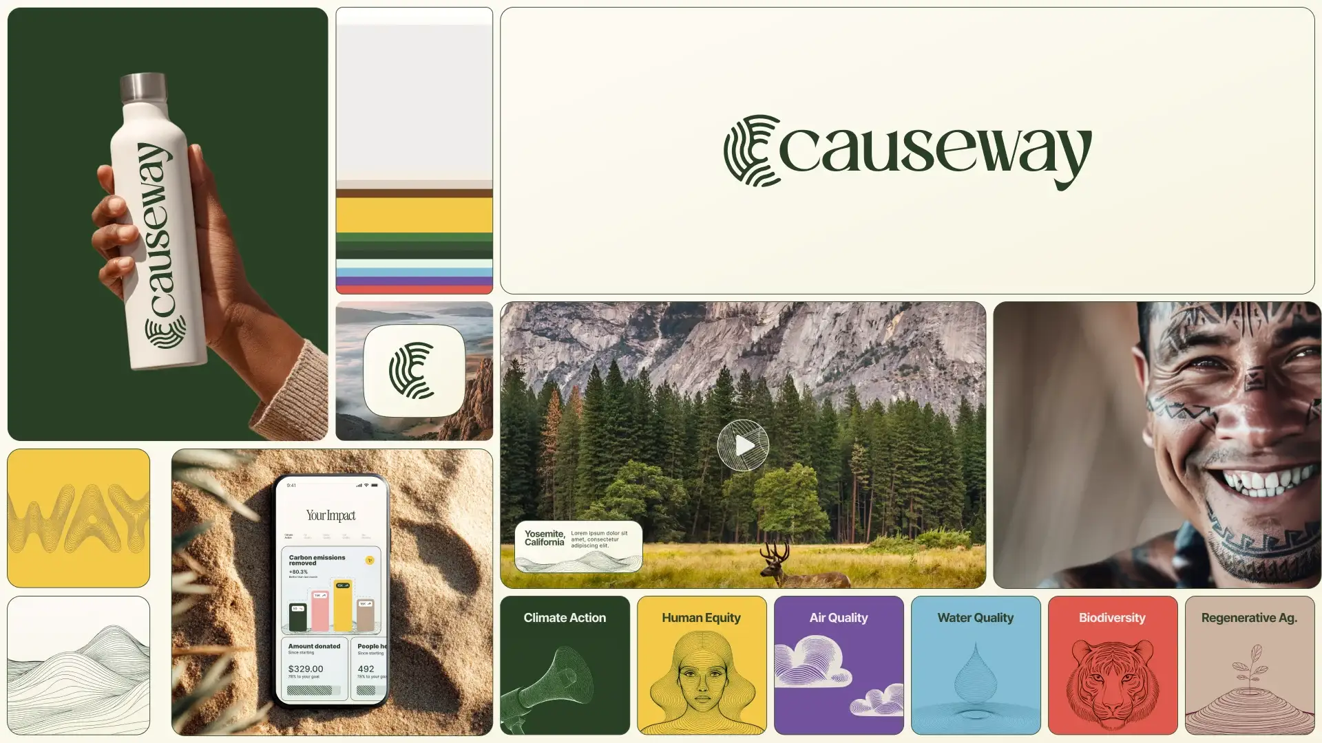 Causeway brand overview: a water bottle with the logo, the color stripes, an app icon, a Yosemite video frame, an app screen showing impact, and six colored pillar tiles