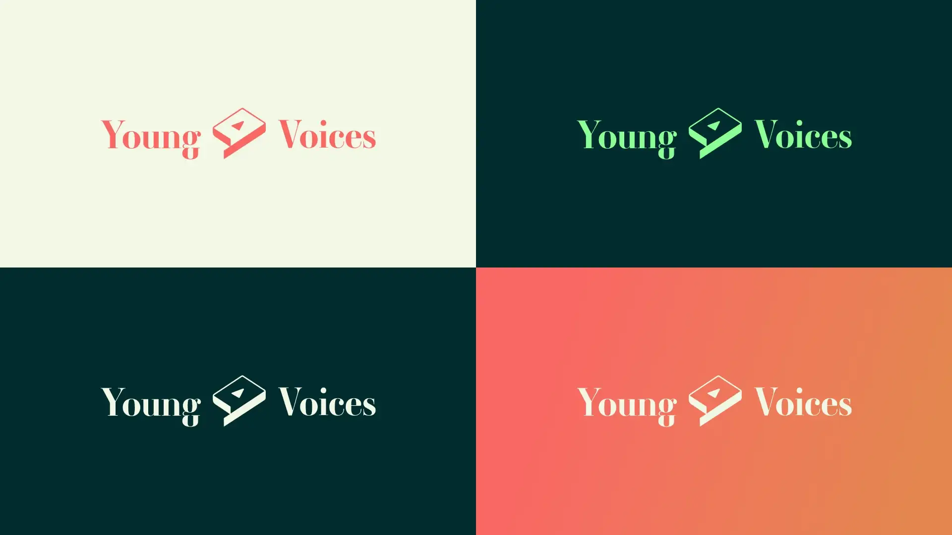 The Young Voices logo in four colorways: coral on cream, lime on dark green, white on dark green and cream on a coral gradient
