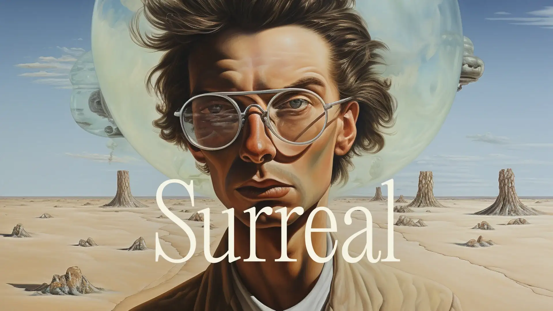Brand photography style: a surreal portrait of a young man in round glasses inside a glass bubble over a desert, with the word “Surreal”